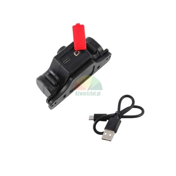 Black headlamp with open red charging port cover and USB cable