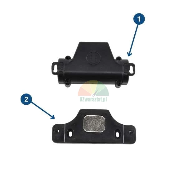 Black magnetic sensor housing with logo marked as 1 and a mounting plate with a magnet marked as 2 on a white background.