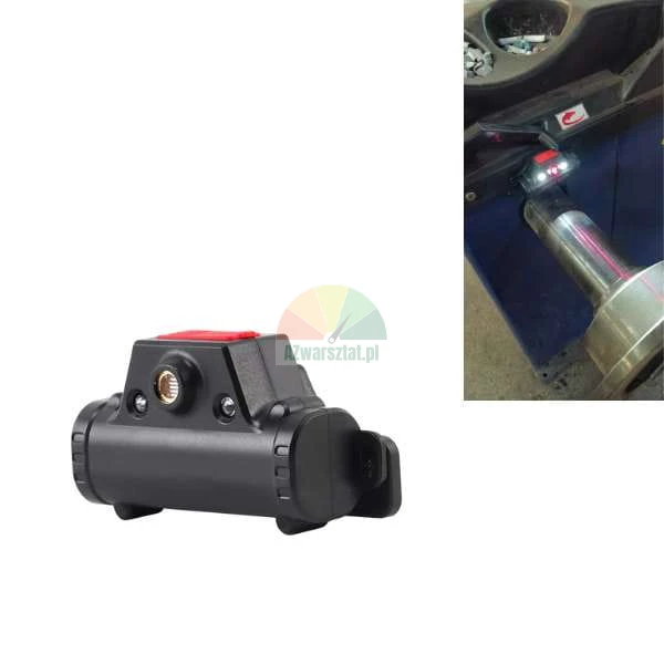 Laser positioning system for wheel balancers, black device with red laser line indicator.