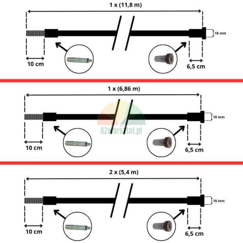 Steel cable set for SDW50 four-post lift with dimension diagrams