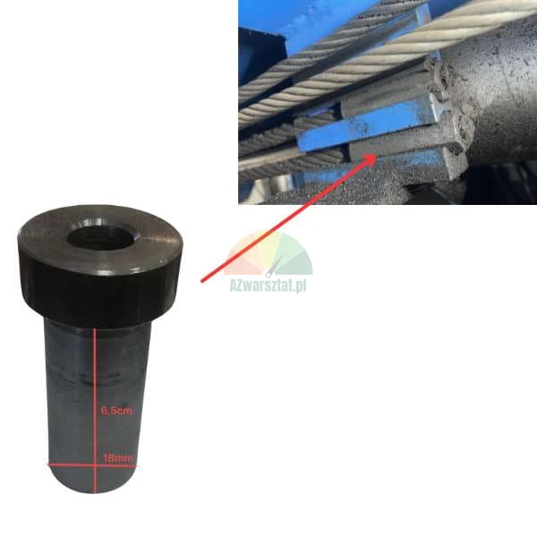 Metal pin measuring 6.5 cm in length and 18 mm in diameter shown alongside its mounting location in a cable machinery setup.