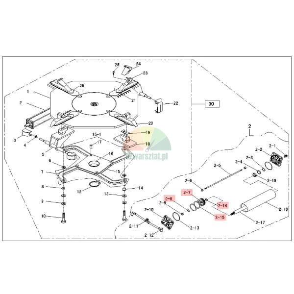 Explosion diagram of a tire changer turntable with highlighted spare parts 2-6, 2-7, 2-15, and 2-16.