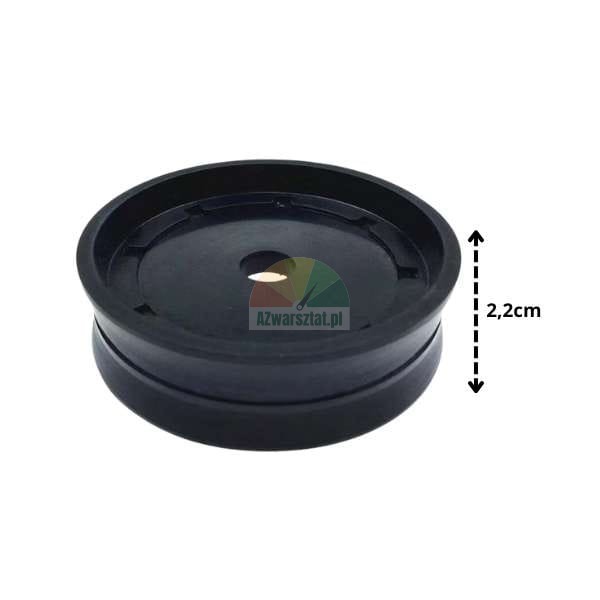 Black circular plastic element with a center hole and a height of 2.2 cm marked.