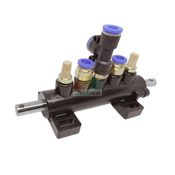 Black pneumatic cylinder with blue push-in fittings and brass silencers.