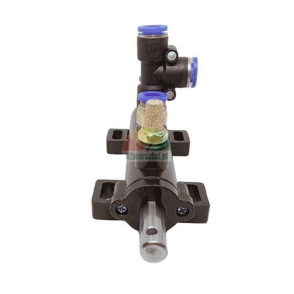 Black pneumatic cylinder with two blue quick-connect fittings and a brass muffler on a white background.