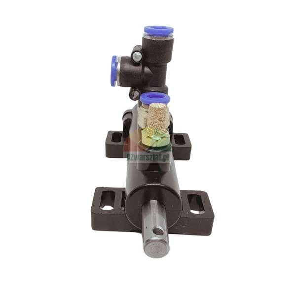 Black pneumatic cylinder with blue quick-connect fittings and a brass muffler on a white background.