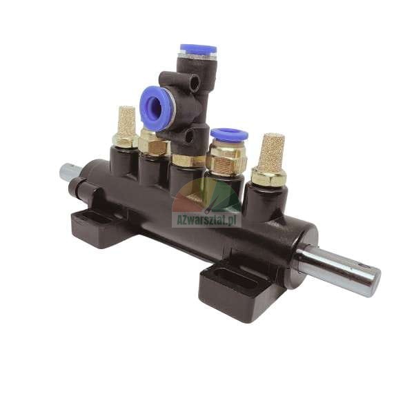 Pneumatic control valve with blue quick connectors and brass silencers for industrial machinery