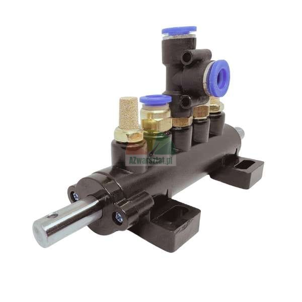 Pneumatic cylinder with manifold block and blue push-to-connect fittings.