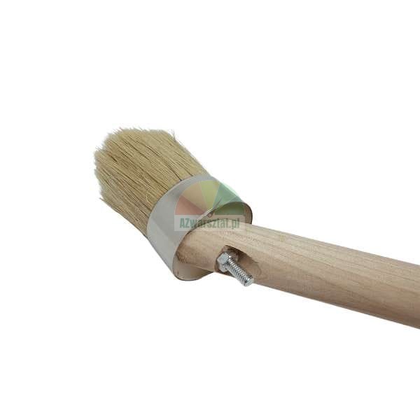 Round paintbrush with a wooden handle and natural bristles, featuring a visible mounting bolt.