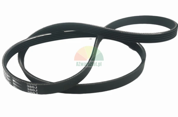 Black multi-ribbed rubber belt with 380J marking on a white background.