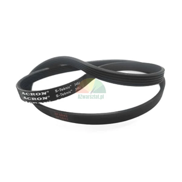 Black multi-ribbed drive belt branded ACRON S-Teknic 348J, coiled on a white background.
