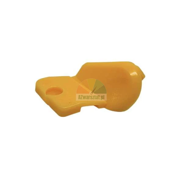 Yellow plastic replacement part, small lever or latch for machinery on a white background.