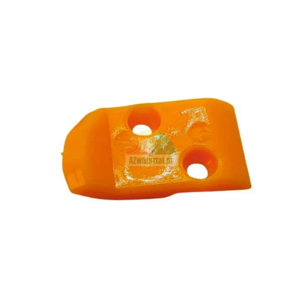 Orange plastic chainsaw chain guide component with two mounting holes on white background