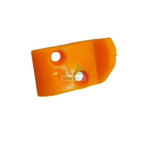 Orange plastic mounting element with two holes.