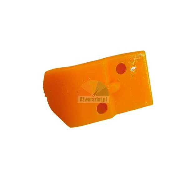 Small orange plastic component with two mounting holes on a white background.