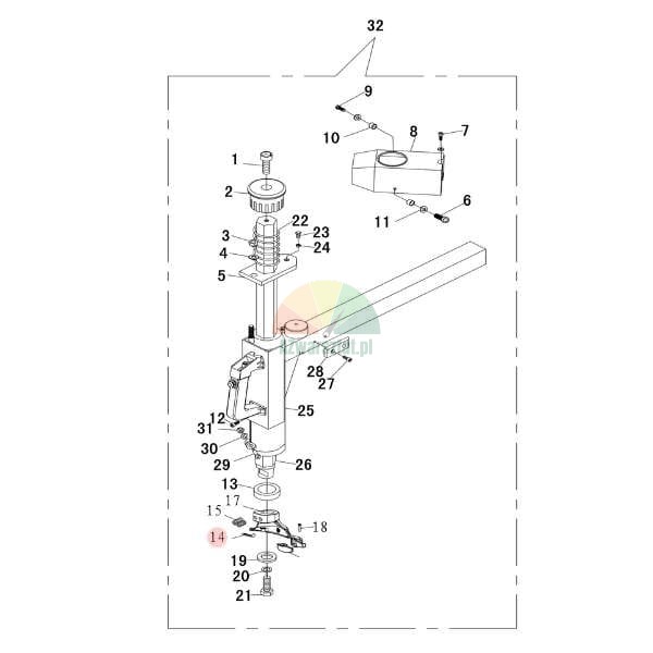 Exploded view diagram of a machine mounting assembly with part number 14 highlighted in red.