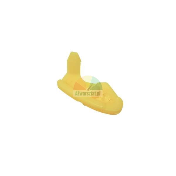 Yellow plastic automotive fastener clip for car upholstery on a white background
