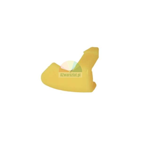 Small yellow plastic slider hook for curtains on a white background.