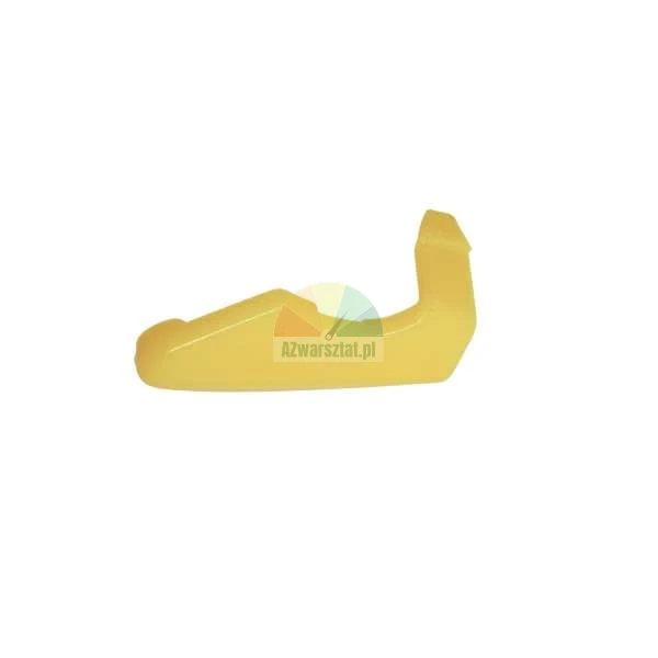 Yellow plastic mounting element, latch or clip with an irregular shape on a white background.