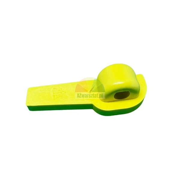 Yellow plastic mounting wedge with a hole on a white background