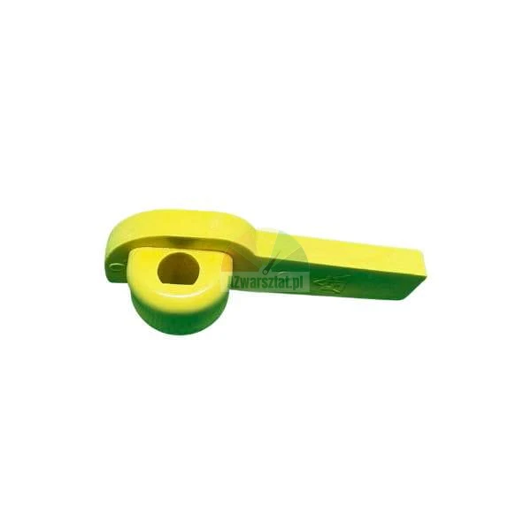 Yellow plastic latch, hardware component with a mounting hole.
