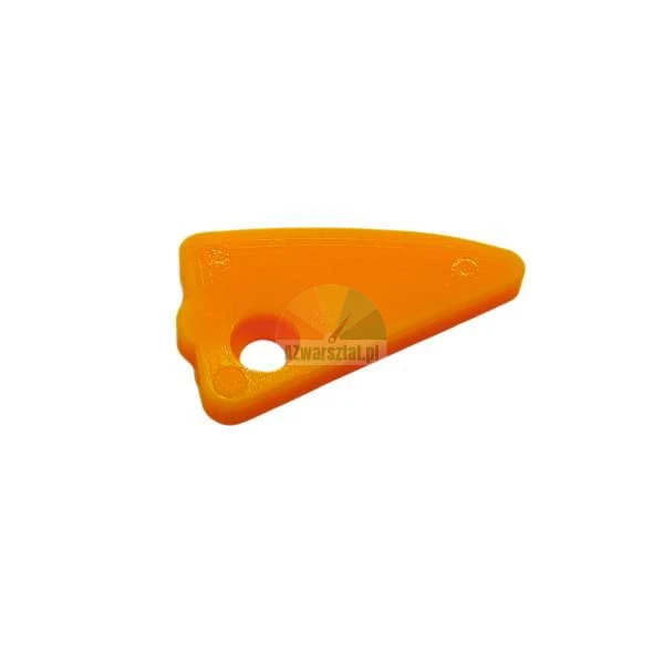 Orange plastic triangular tool with a hole.