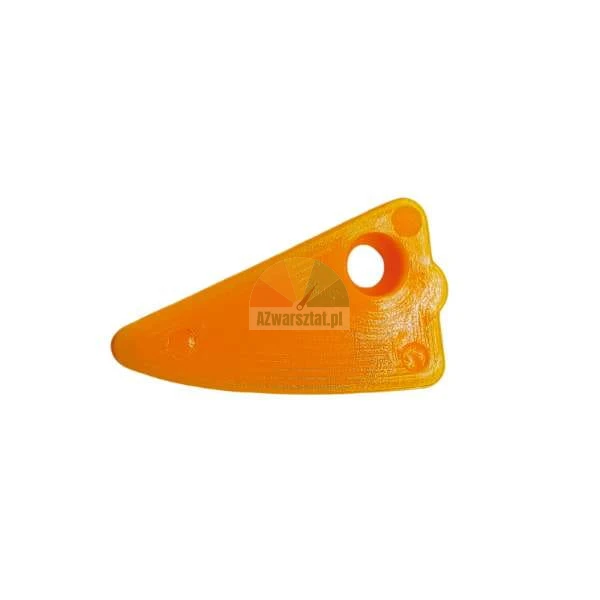 Orange triangular 3D printed tool with a circular hole on a white background