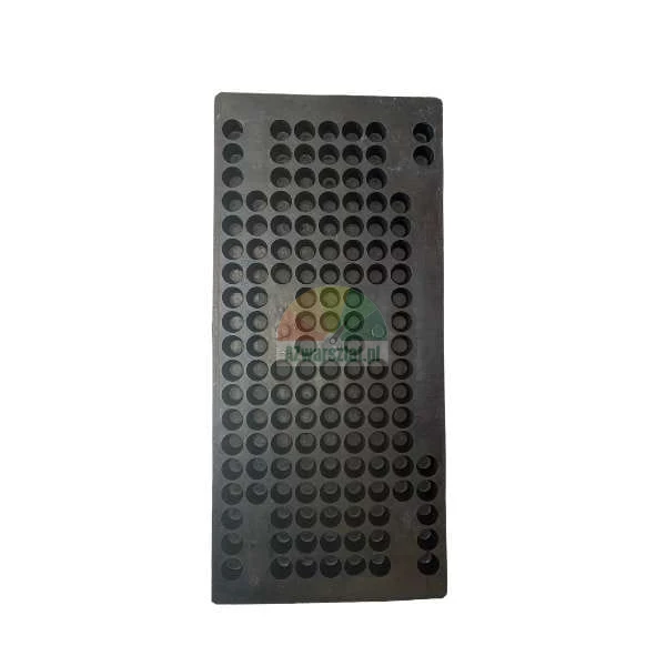 Black rectangular plate with numerous circular holes on a white background