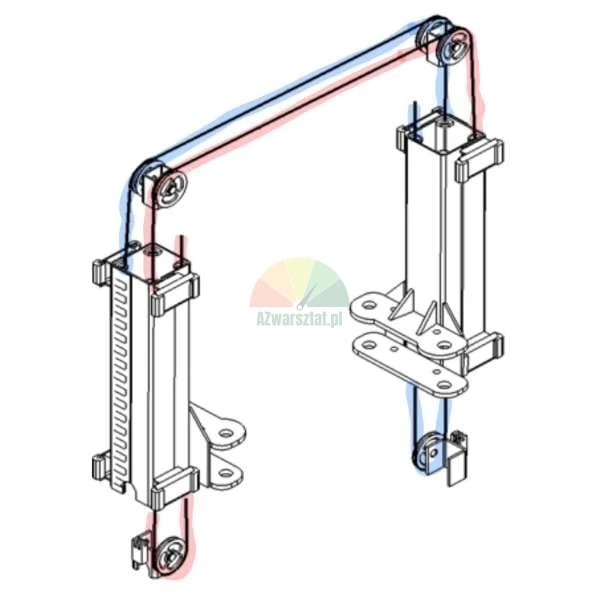 Technical drawing of a mechanical pulley system with red and blue lines representing cables.