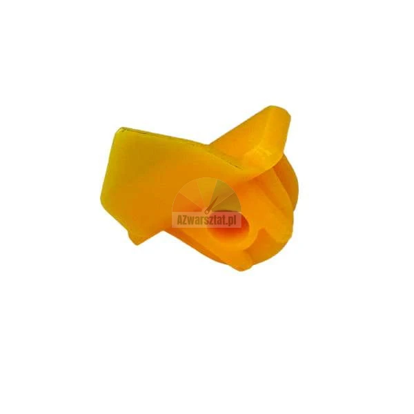 Yellow plastic automotive clip, hood prop rod bushing on white background