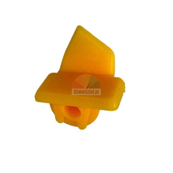 Yellow plastic mounting clip for automotive trim or upholstery.