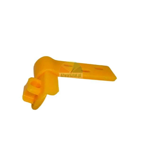 Yellow plastic component, hinge or mounting bracket with holes on a white background.