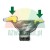 Metal tire changer mounting head with yellow protective pads pointed out by green arrows.