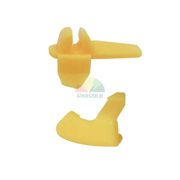 Yellow plastic automotive mounting clips shown from two sides on a white background.