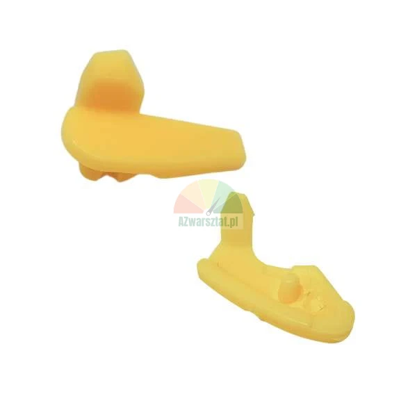 Two yellow plastic automotive clips for upholstery on a white background.