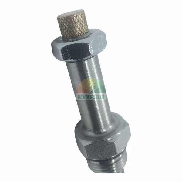 Metal indexing plunger with a knurled head and a nut.