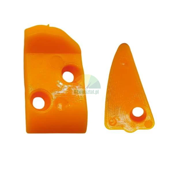 Two orange 3D printed plastic parts with mounting holes on a white background.