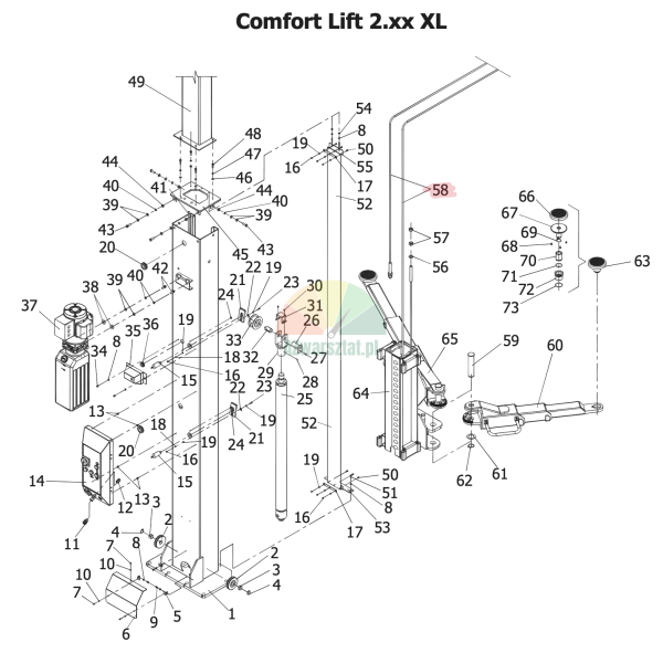 Technical exploded view diagram of the Comfort Lift 2.xx XL car lift showing numbered spare parts and components.