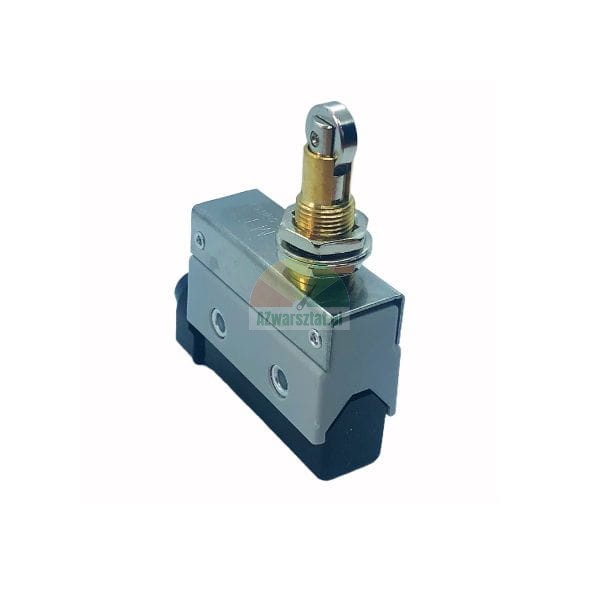 Industrial limit switch with a roller plunger actuator and metal housing.