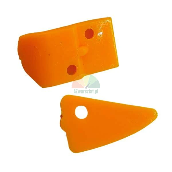 Two orange plastic parts, one wedge-shaped with one hole, the other angled with two holes.
