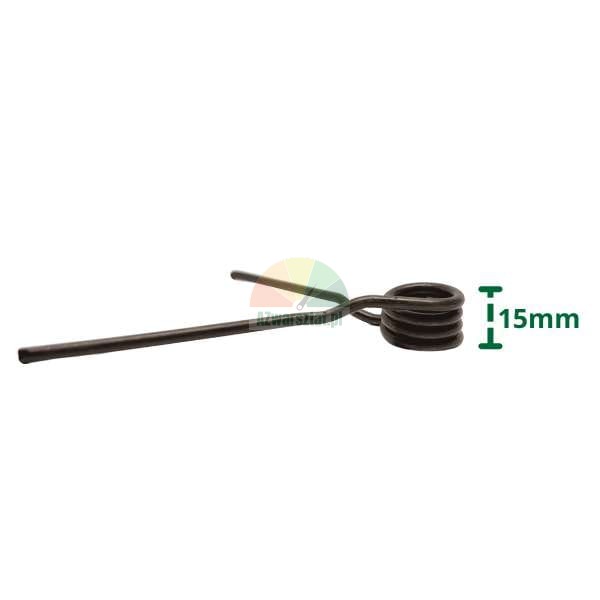 Small black torsion spring with a 15mm coil height shown on a white background.