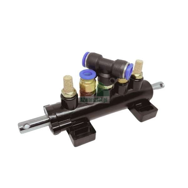 Pneumatic cylinder with push-in fittings and silencers.