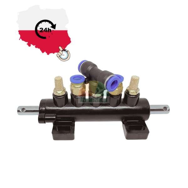 Black pneumatic manifold with blue fittings, silencers and two metal rods, with a 24h delivery from Poland icon