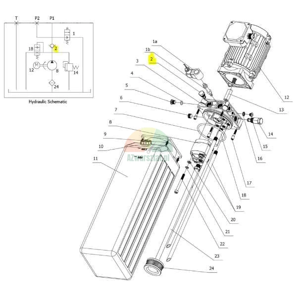 Exploded view diagram of a hydraulic power unit showing motor, tank, and pump components, with a hydraulic schematic and element number 2 highlighted in yellow.