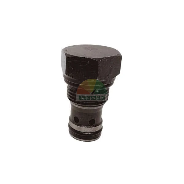 Black metal hydraulic valve or plug with a hexagonal head and threaded body on a white background