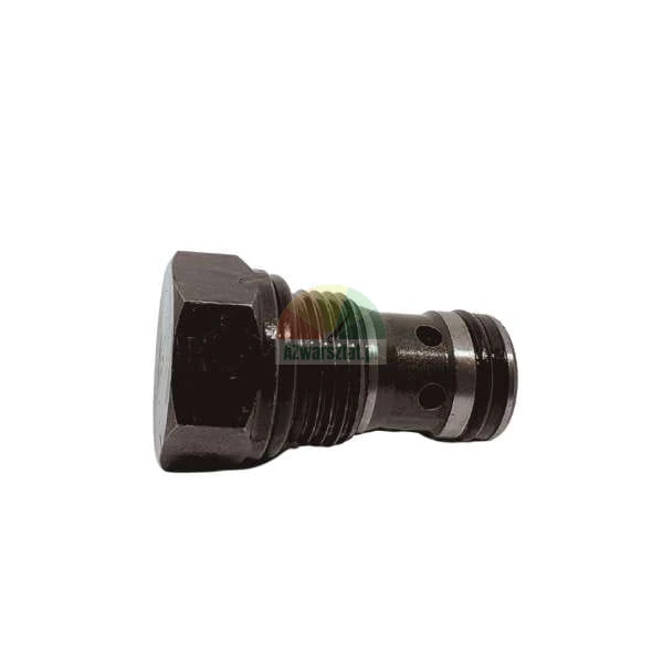 Black hydraulic screw plug with hexagonal head, thread and seal grooves on white background