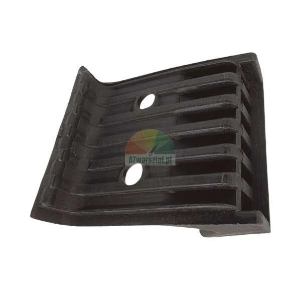 Black plastic component with a ribbed surface and two mounting holes on a white background.