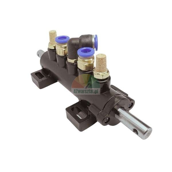 Pneumatic cylinder with fittings and silencers on a black body.
