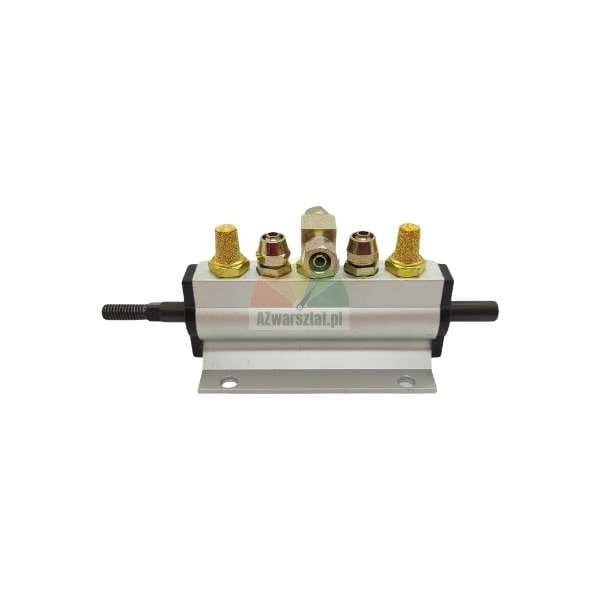 Pneumatic cylinder with control ports and brass silencers on a silver mounting bracket.