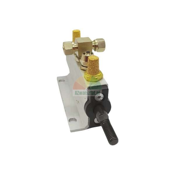 Pneumatic cylinder with brass silencers and fittings on a white background